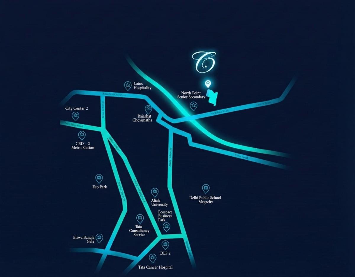 Location map of DTC Capital City Crest showing connectivity to Rajarhat Chowmatha, City Center 2, CBD-2 Metro Station, Eco Park, Tata Consultancy Services, Aliah University, DLF 2, and nearby schools and hospitals.