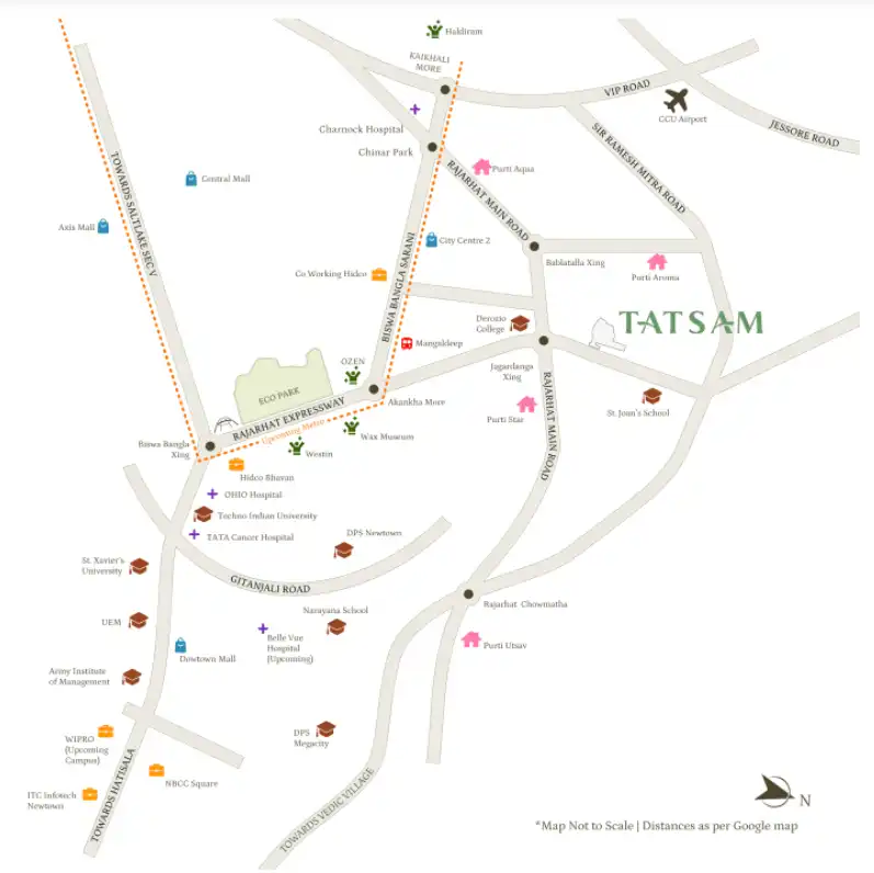 Location map of Purti Tatsam showing connectivity to Rajarhat Main Road, Eco Park, City Centre 2, Chinar Park, Jessore Road, nearby schools, hospitals, malls, and key landmarks in New Town and Rajarhat.