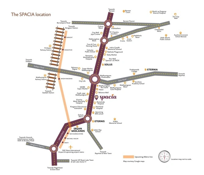 Location map of Srijan Spacia showing connectivity along Barasat–Madhyamgram Road with nearby railway stations, upcoming metro line, schools, hospitals, and key landmarks.