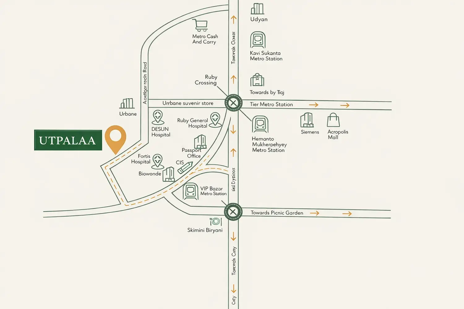 Location map of Utpalaa residential project showing connectivity to major roads, nearby metro stations, hospitals, malls, offices, and key landmarks for easy accessibility.