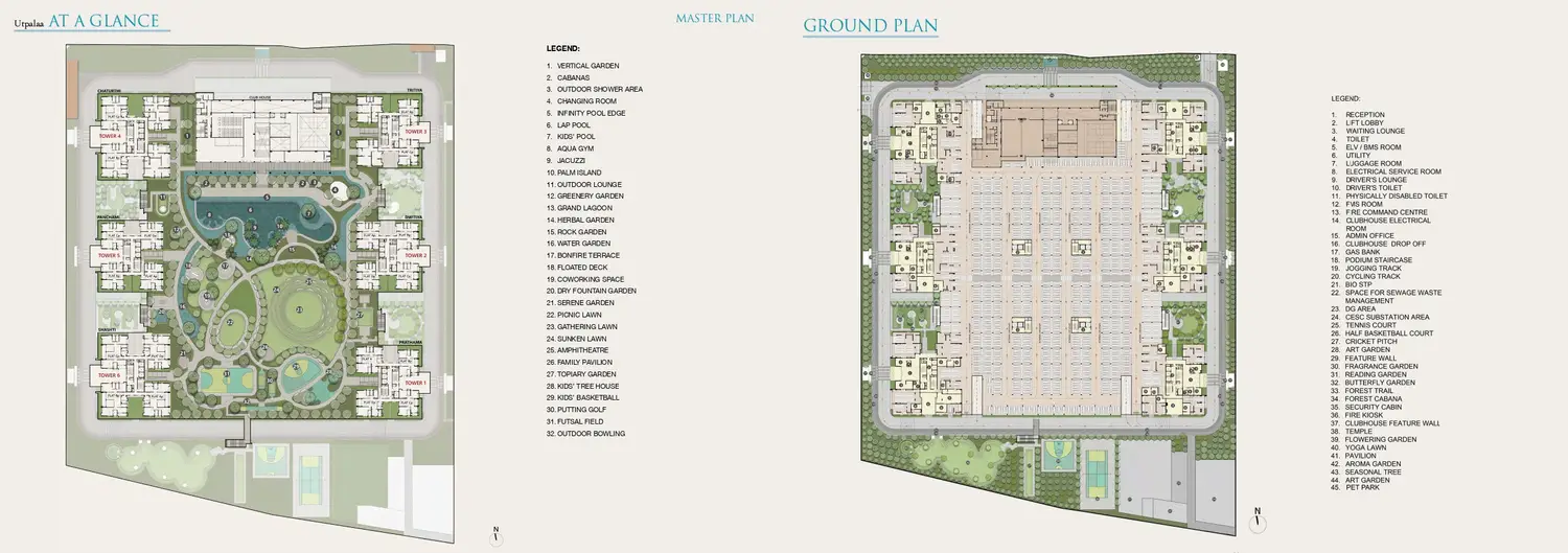 Utpalaa master plan and ground plan illustration highlighting residential towers, landscaped gardens, swimming pools, recreational amenities, parking layout, and internal pathways within the project.