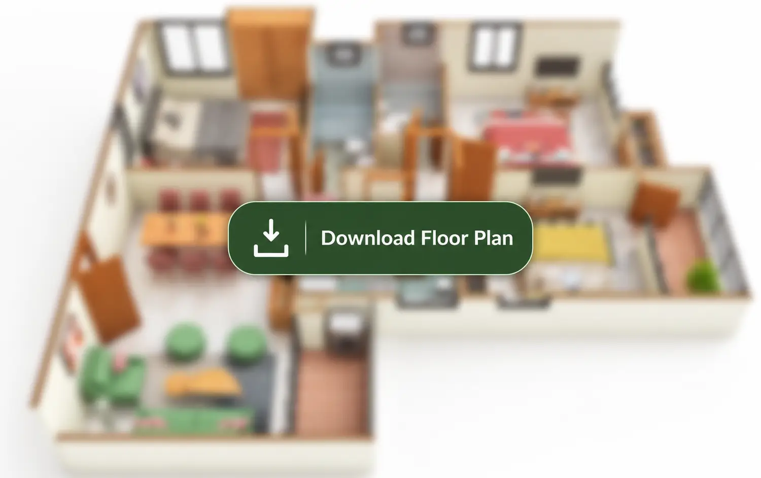 3BHK + 2T apartment layout of **Merlin F Residences**, featuring three bedrooms, two bathrooms, a spacious living and dining area, a modular kitchen with utility space, and well-planned interiors designed for comfortable modern living.