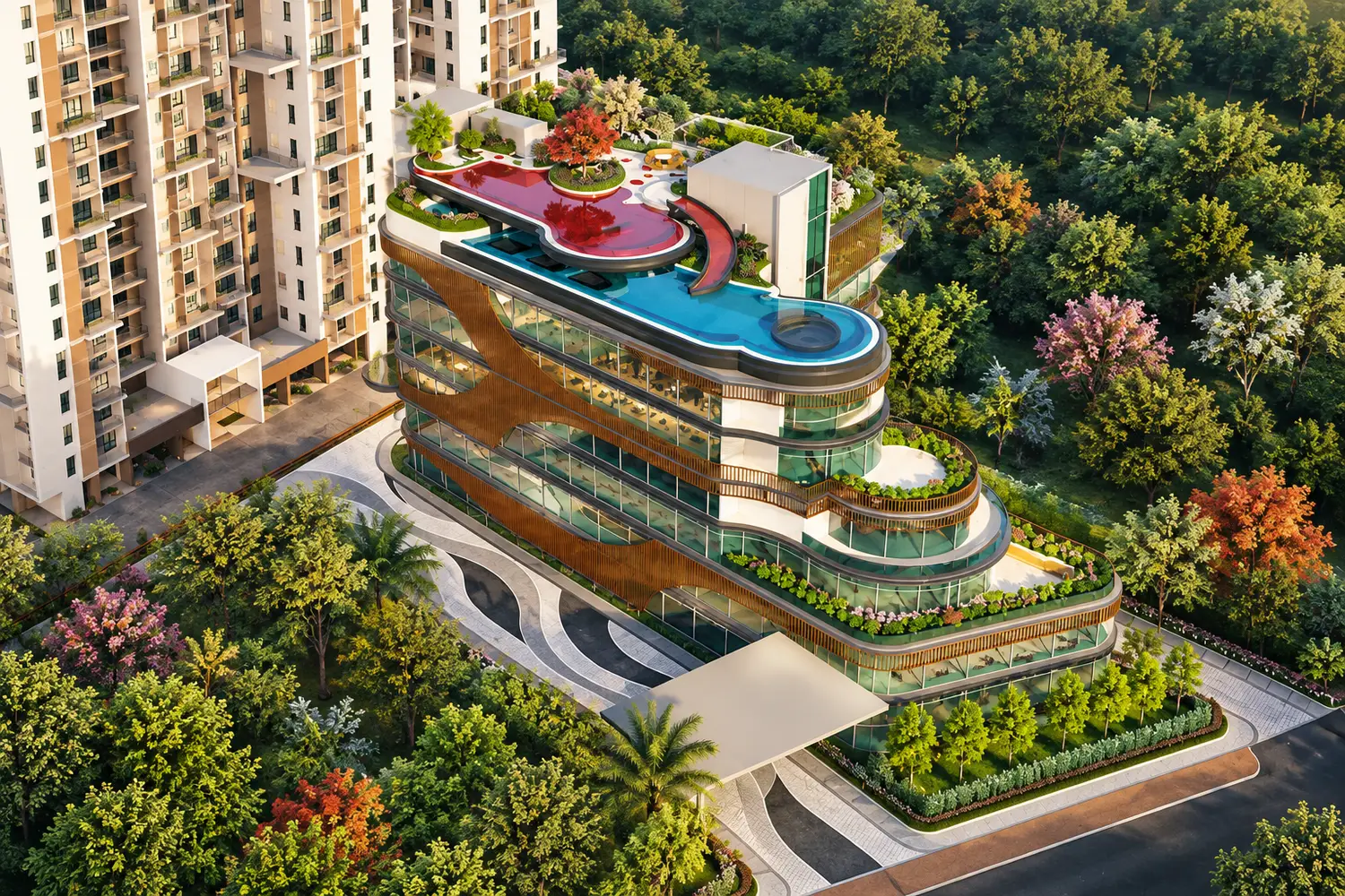 Aerial view of F Residences Merlin, showcasing a contemporary residential development surrounded by lush greenery, landscaped gardens and a distinctive rooftop infinity pool and lifestyle amenity building.