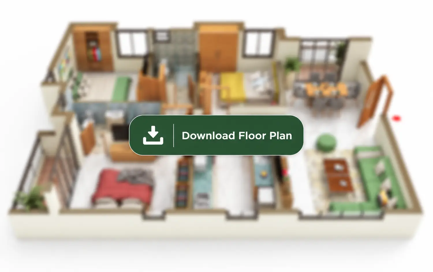 The Pravya 3 BHK apartment floor plan with three bedrooms, living room, kitchen, dining area, bathrooms, and balconies.