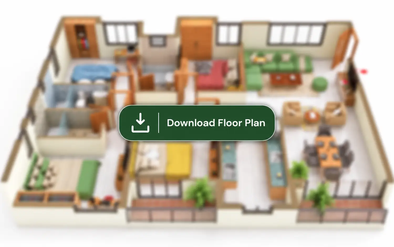 The Pravya 4 BHK apartment floor plan with four bedrooms, living room, kitchen, dining area, bathrooms, and balconies.