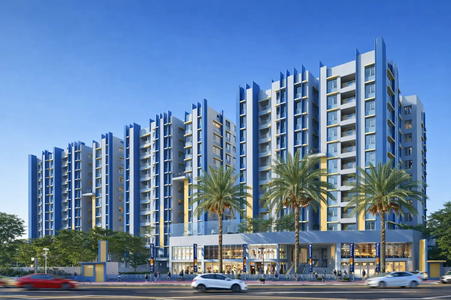 Front view of Good Earth featuring modern high-rise residential towers, landscaped greenery, and driveway with vehicles.