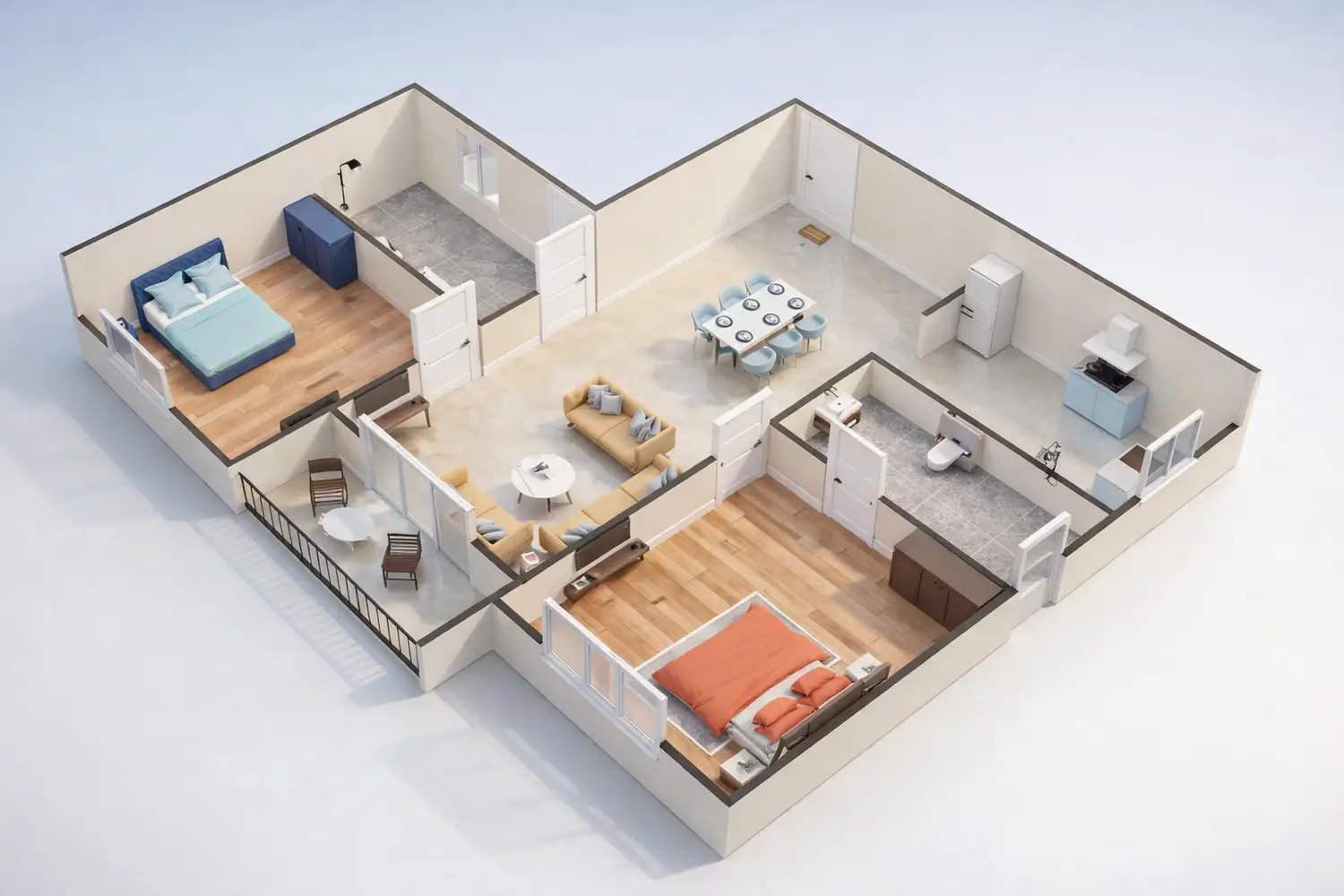 3D floor plan of a 2 BHK apartment at Bhawani Paraiso, New Town, Kolkata, showing two bedrooms, living and dining area, kitchen, bathrooms, and balcony with modern layout.