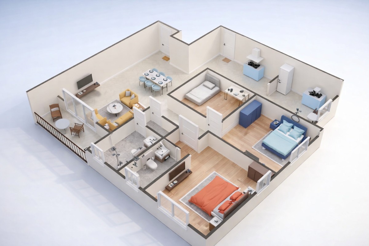 3D floor plan of a 3 BHK apartment at Bhawani Paraiso, New Town, Kolkata, showcasing three bedrooms, spacious living and dining area, kitchen, multiple bathrooms, and a balcony with a well-planned modern layout.