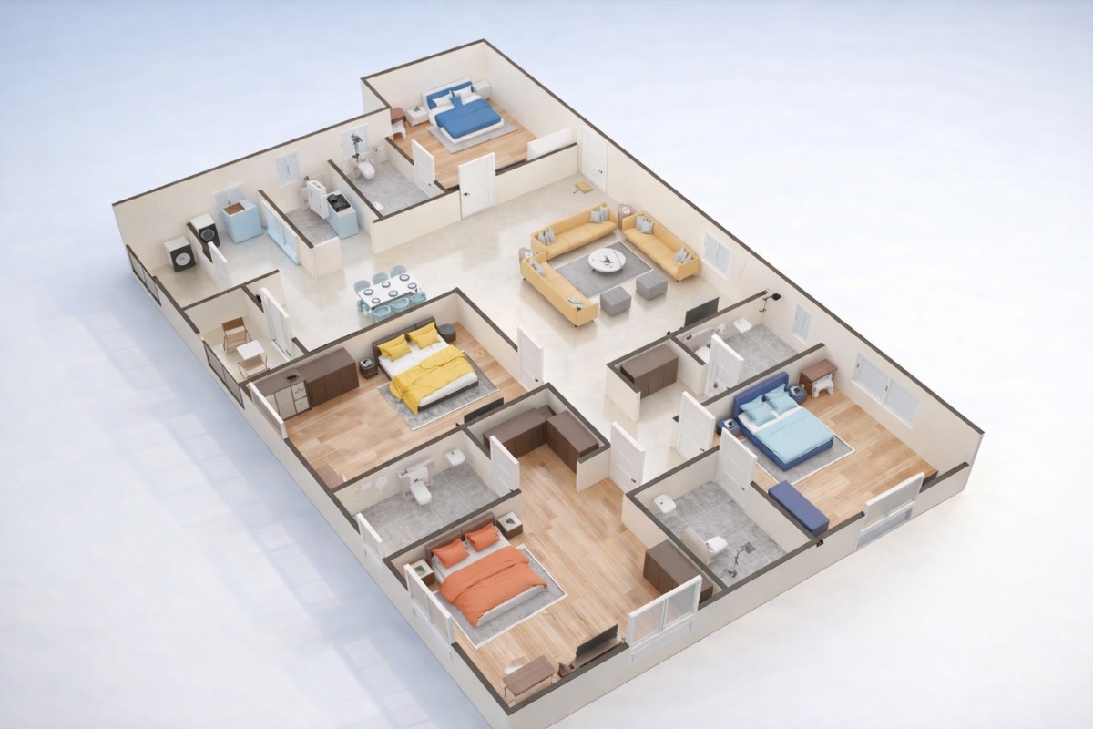 3D floor plan of a 4 BHK apartment at Bhawani Paraiso, New Town, Kolkata, featuring four spacious bedrooms, expansive living and dining area, modern kitchen, multiple bathrooms, and a well-planned premium layout.