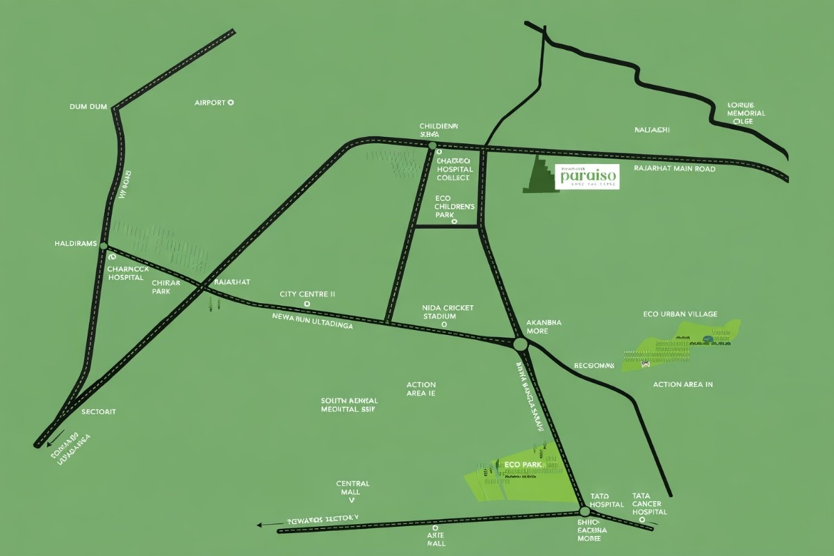 Location map of Bhawani Paraiso, New Town, Kolkata, highlighting its connectivity to Rajarhat Main Road, Eco Park, City Centre II, hospitals, airport access, and major landmarks.