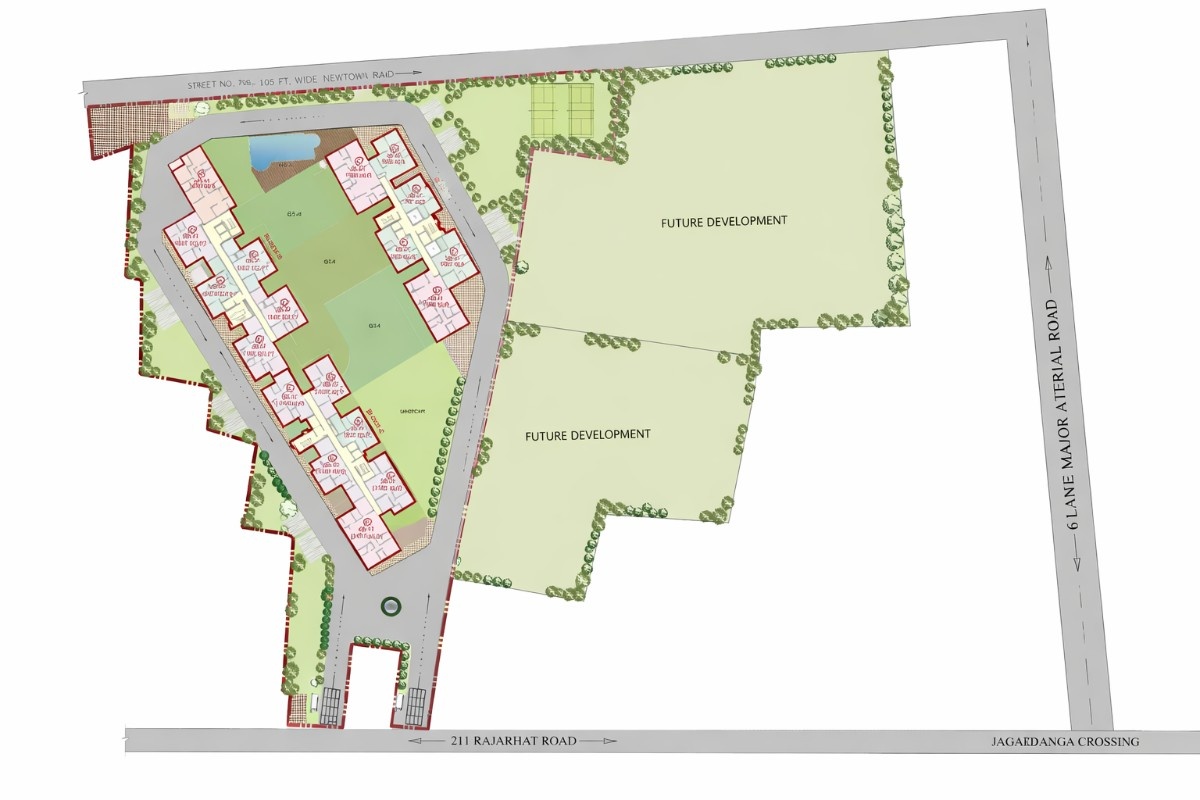 Master plan layout of Bhawani Paraiso, New Town, Kolkata, showing residential towers, internal roads, landscaped open spaces, entry and exit points, and designated future development areas.