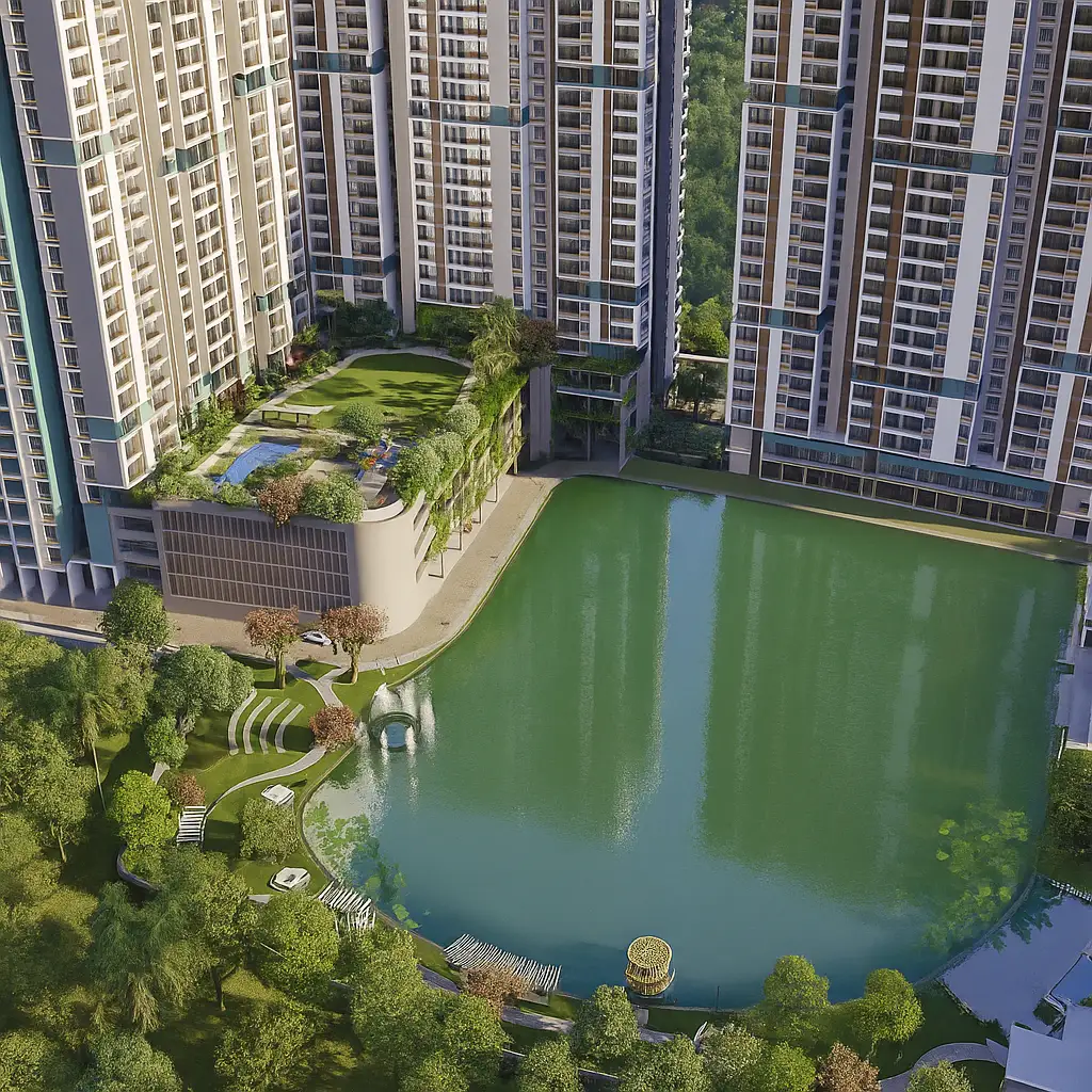 Aerial view of DTC Still Water residential towers featuring a central tranquil lake, landscaped gardens, rooftop amenities, and modern high-rise architecture.