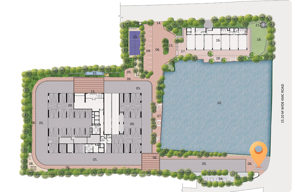 Udyatt master plan and ground plan illustration highlighting residential towers, landscaped gardens, swimming pools, recreational amenities, parking layout, and internal pathways within the project.