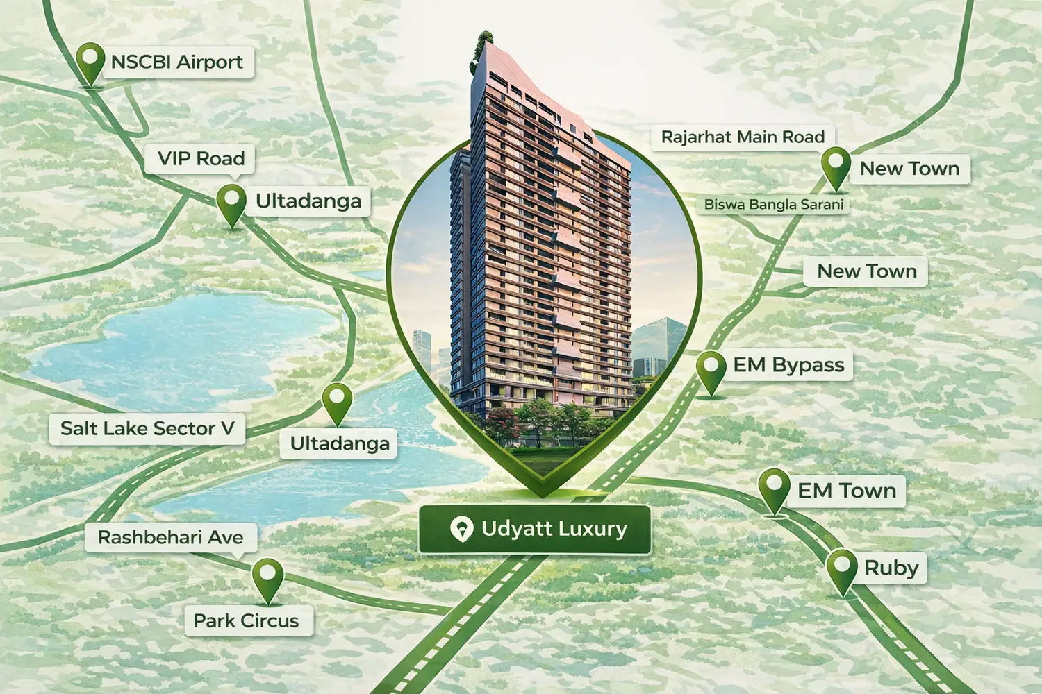 Location map highlighting Udyatt Luxury residential tower in Kolkata, showing connectivity to key areas including NSCBI Airport, New Town, EM Bypass, Ultadanga, Salt Lake Sector V, Park Circus, and Ruby with major connecting roads like VIP Road and Rajarhat Main Road.