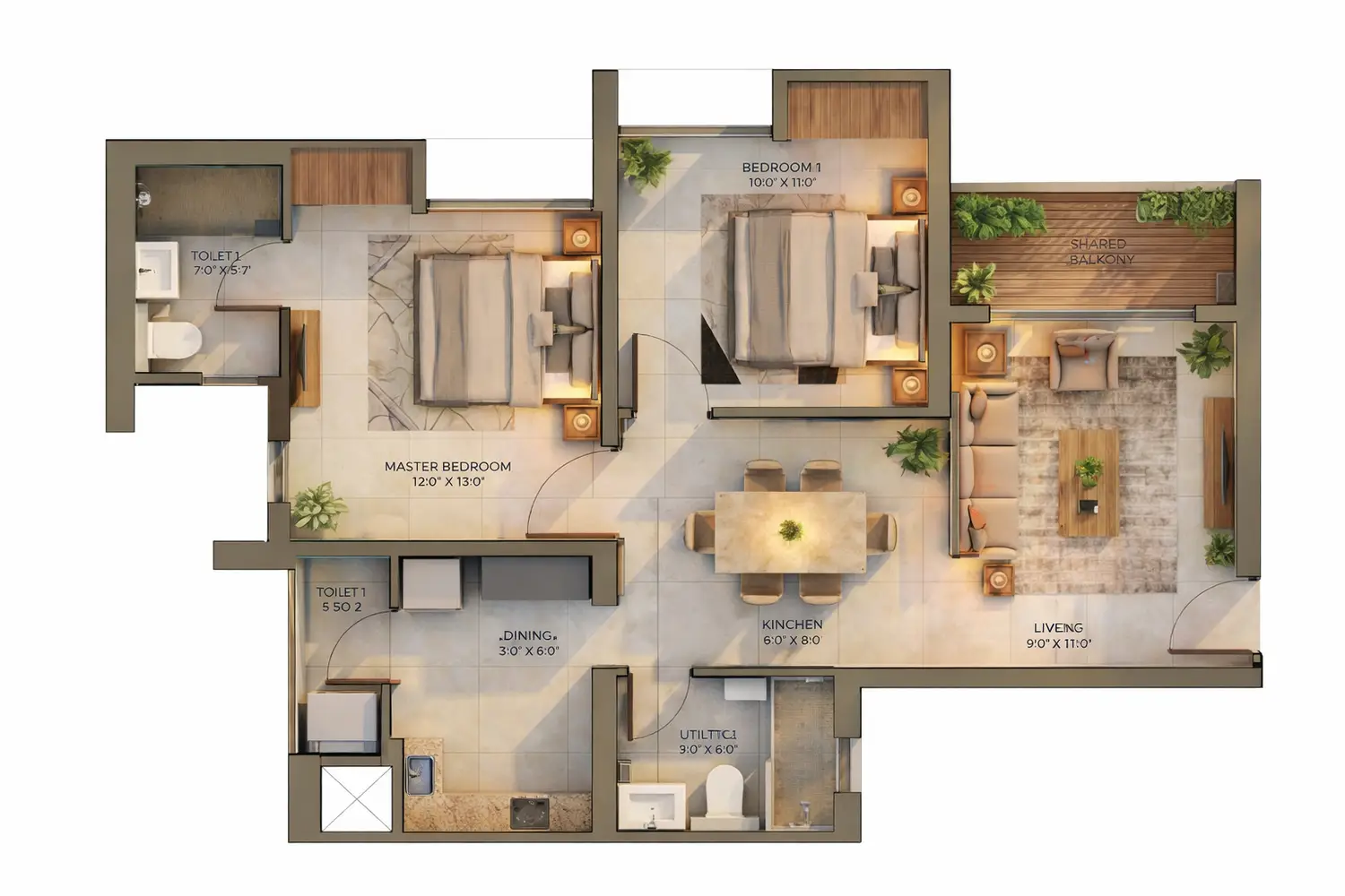 3D floor plan of a 2 BHK apartment at DTC Capital City, Rajarhat, Kolkata, showing two bedrooms, living and dining area, kitchen, bathrooms, and balcony with modern layout.