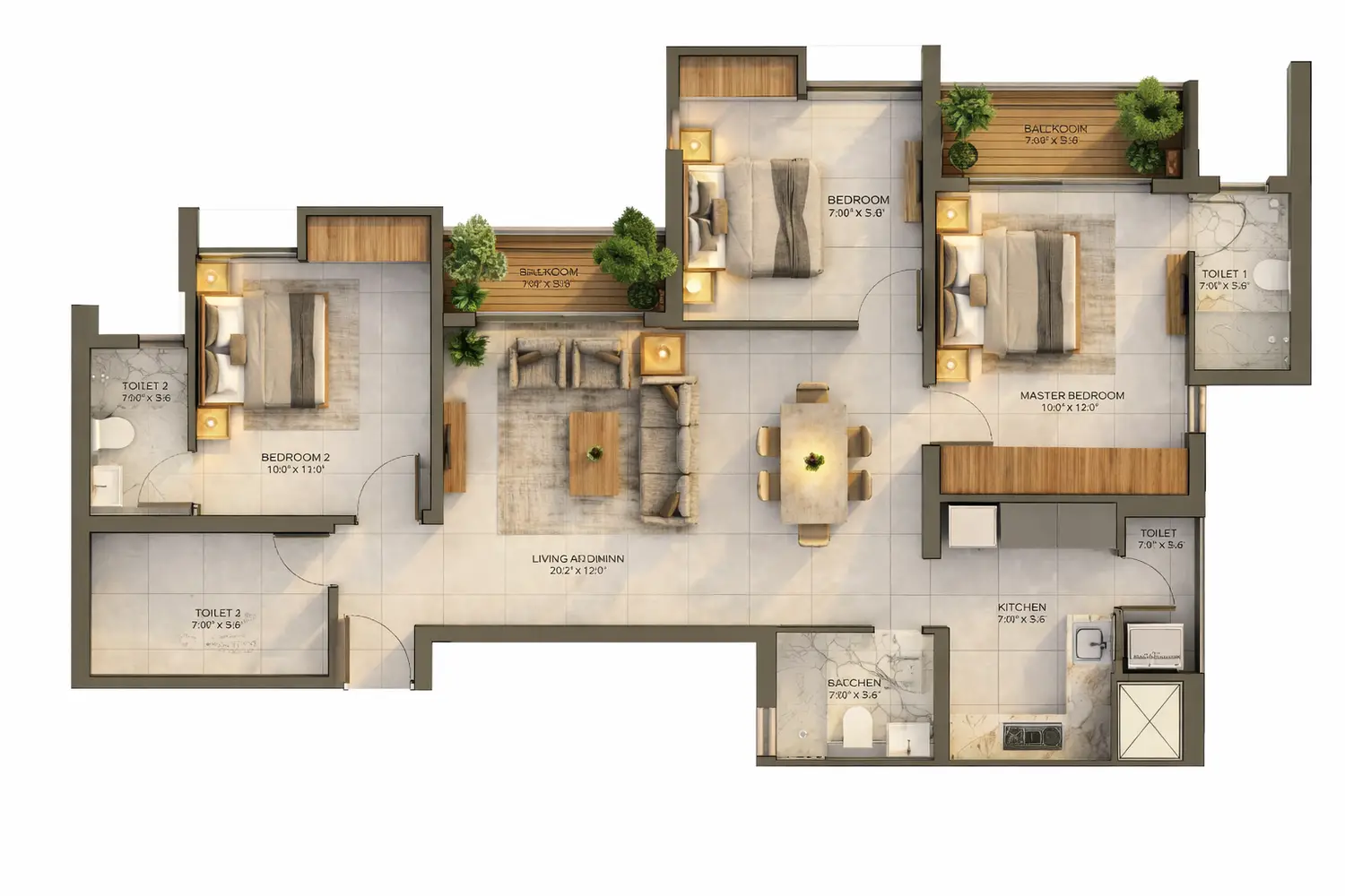 3D floor plan of a 3 BHK apartment at DTC Capital City, Rajarhat, Kolkata, showing three bedrooms, living and dining area, kitchen, bathrooms, and balcony with modern layout.