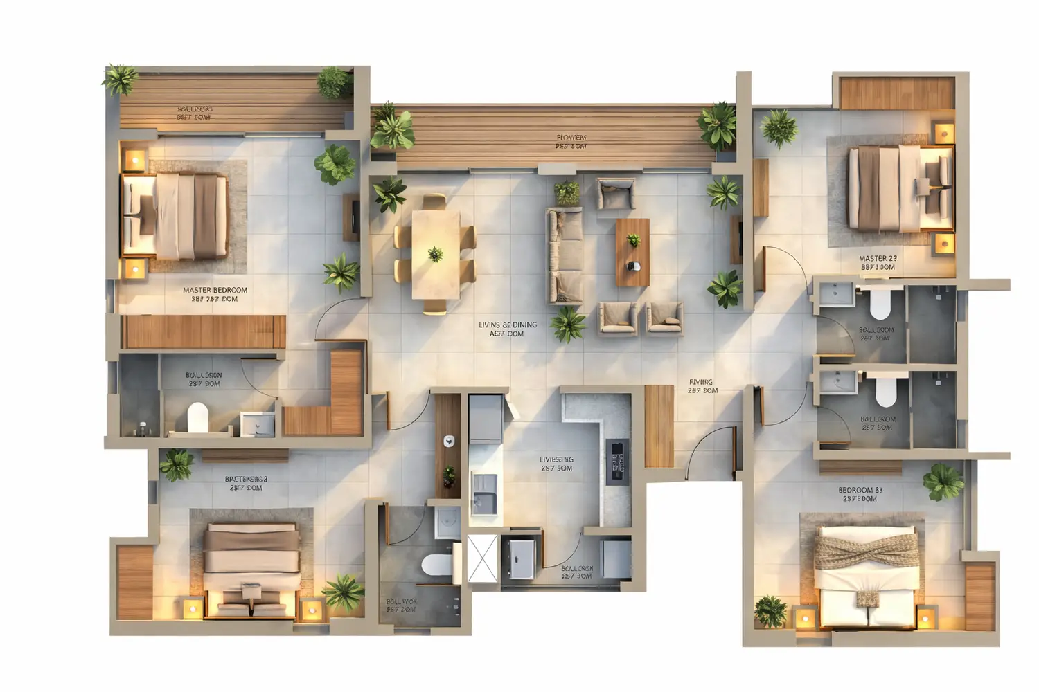 3D floor plan of a 4 BHK apartment at DTC Capital City, Rajarhat, Kolkata, showing three bedrooms, living and dining area, kitchen, bathrooms, and balcony with modern layout.