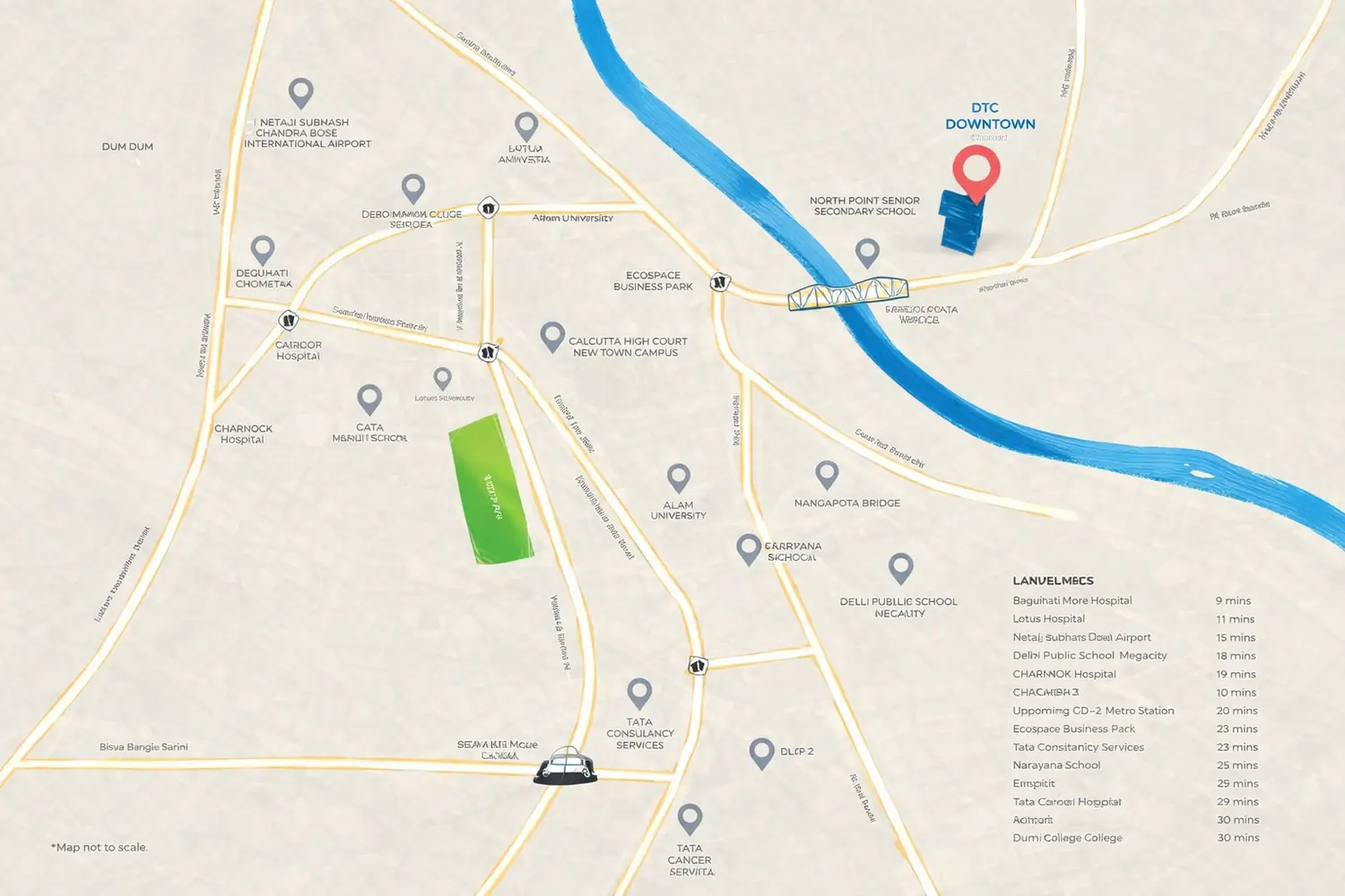 Location map of DTC Capital City showing connectivity to Rajarhat Chowmatha, City Center 2, CBD-2 Metro Station, Eco Park, Tata Consultancy Services, Aliah University, DLF 2, and nearby schools and hospitals.