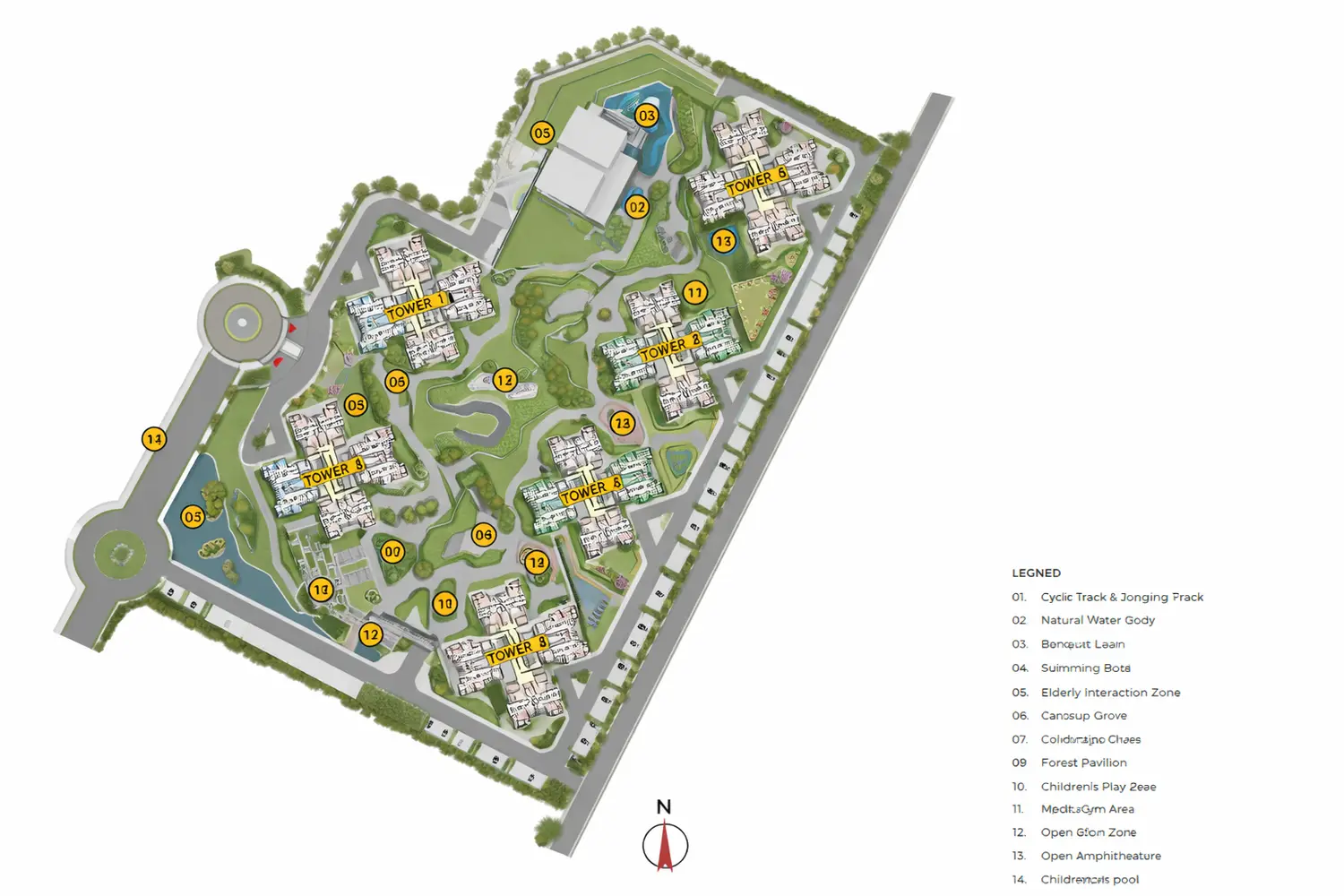 Master plan layout of DTC Capital City, Rajarhat, Kolkata, showing residential towers, internal roads, landscaped open spaces, entry and exit points, and designated future development areas.