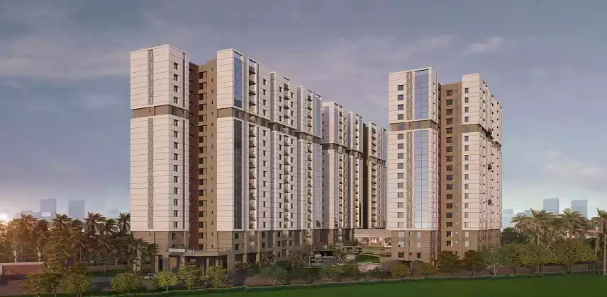 Bhawani Paraiso luxury residential towers with contemporary architecture, landscaped greenery, and open lawn area in a premium housing complex.