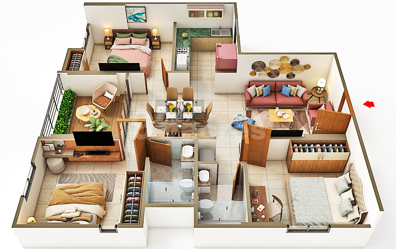 3D floor plan of a 3 BHK apartment at Purti Tatsam, Rajarhat, Kolkata, showing two bedrooms, living and dining area, kitchen, bathrooms, and balcony with modern layout.