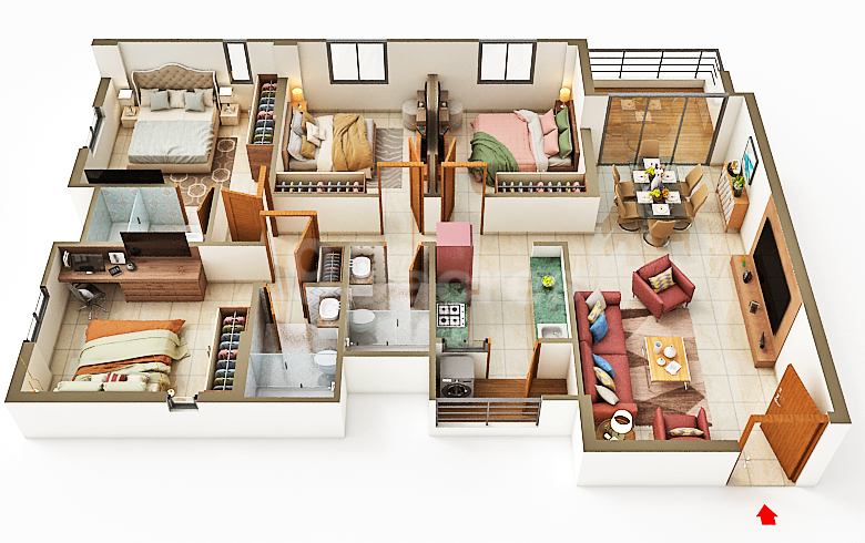 3D floor plan of a 4 BHK apartment at Purti Tatsam, Rajarhat, Kolkata, showing two bedrooms, living and dining area, kitchen, bathrooms, and balcony with modern layout.