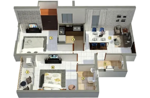 Detailed 2 BHK apartment layout at Merlin Rise featuring furnished bedrooms, living room, kitchen, and balcony.