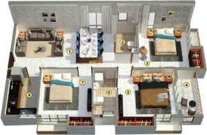 Detailed 3 BHK apartment layout at Merlin Rise featuring furnished bedrooms, living room, kitchen, and balcony.