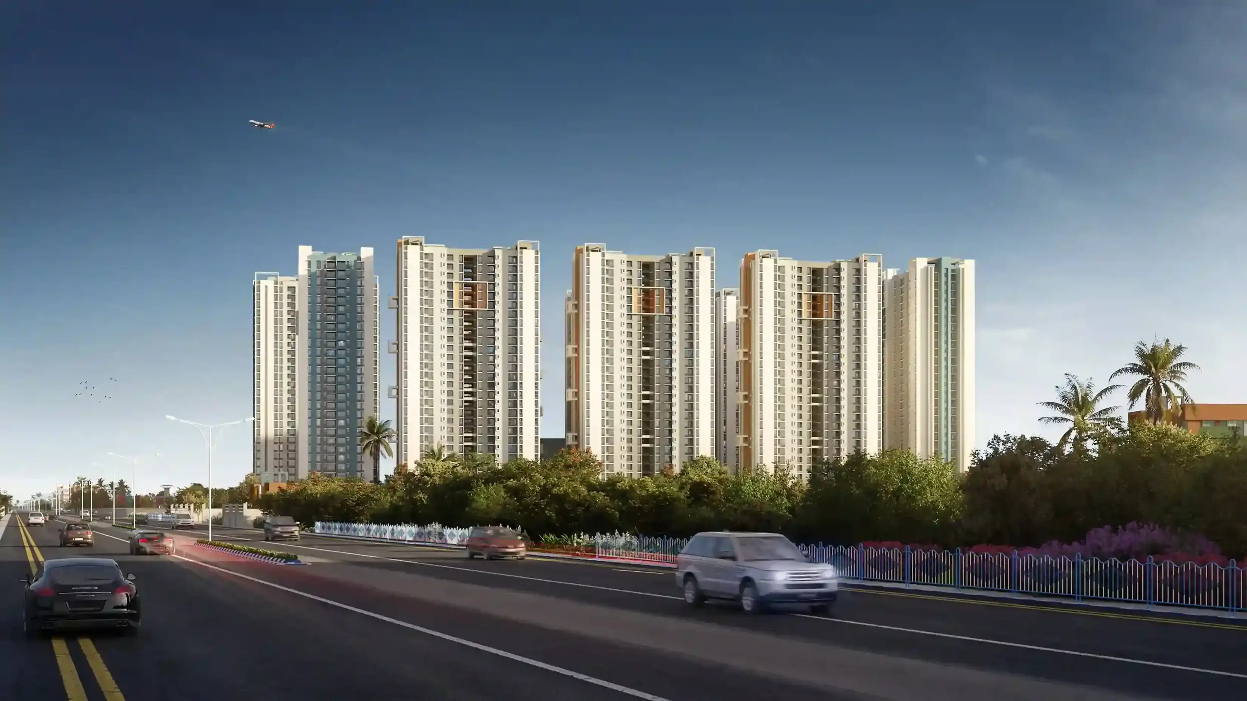 Merlin Rise residential towers along a wide six-lane expressway, featuring modern high-rise buildings surrounded by greenery.
