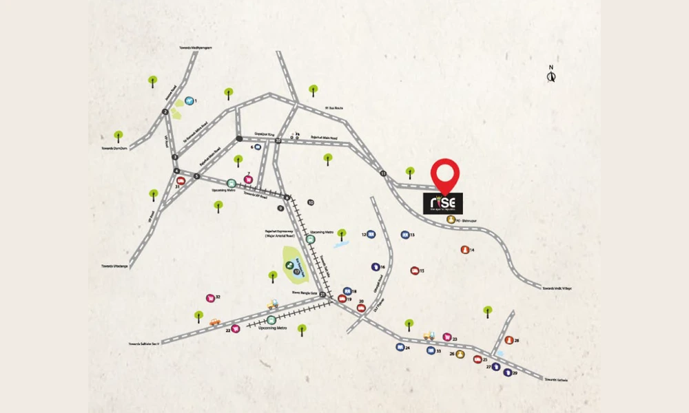 Location Map highlighting Merlin Rise with a location pin, surrounded by key roads, transport links, and nearby amenities.of DTC Capital City showing connectivity to Rajarhat Chowmatha, City Center 2, CBD-2 Metro Station, Eco Park, Tata Consultancy Services, Aliah University, DLF 2, and nearby schools and hospitals.