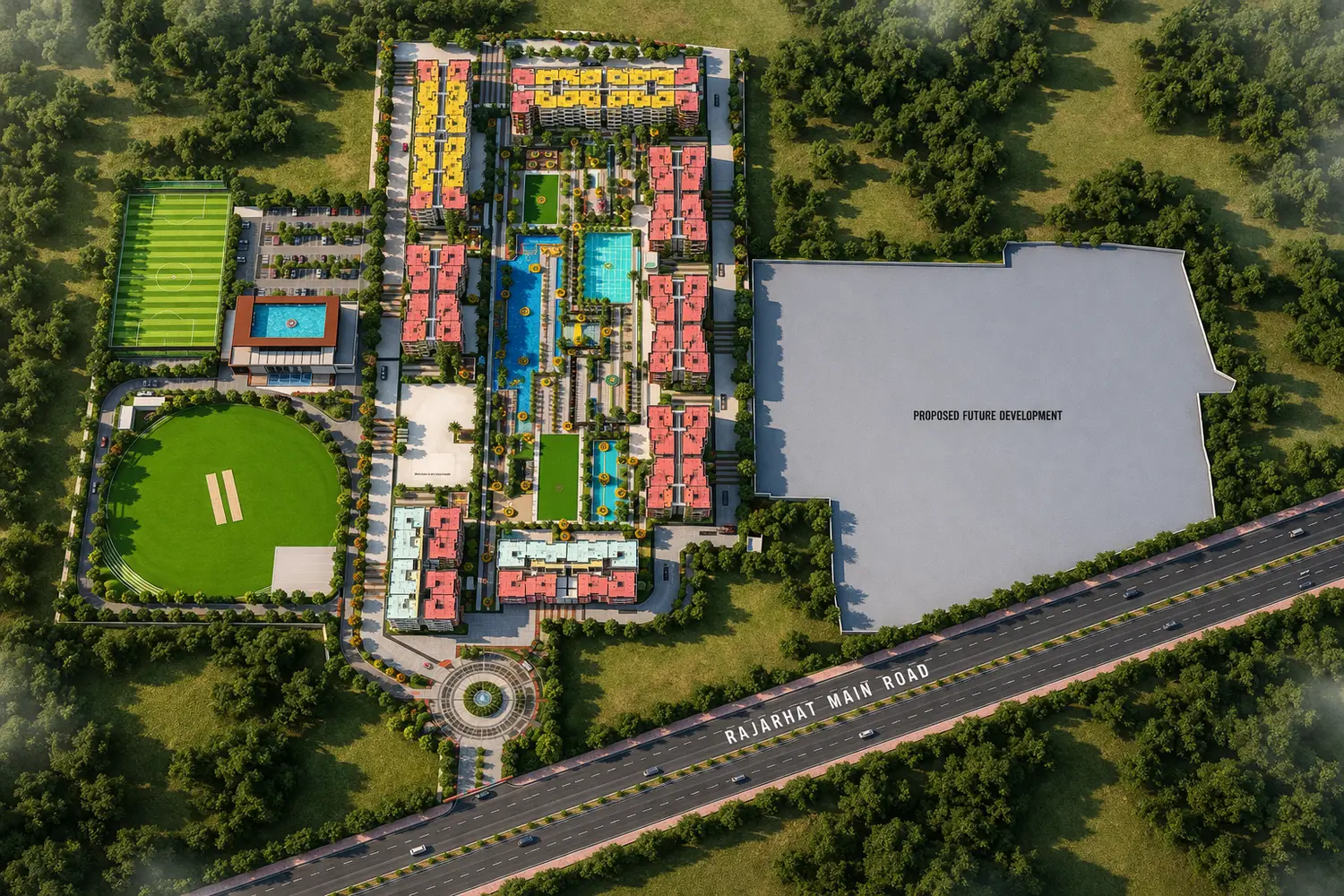 Master plan of Merlin Rise showing residential towers, sports facilities, landscaped areas, and layout along Rajarhat Main Road.