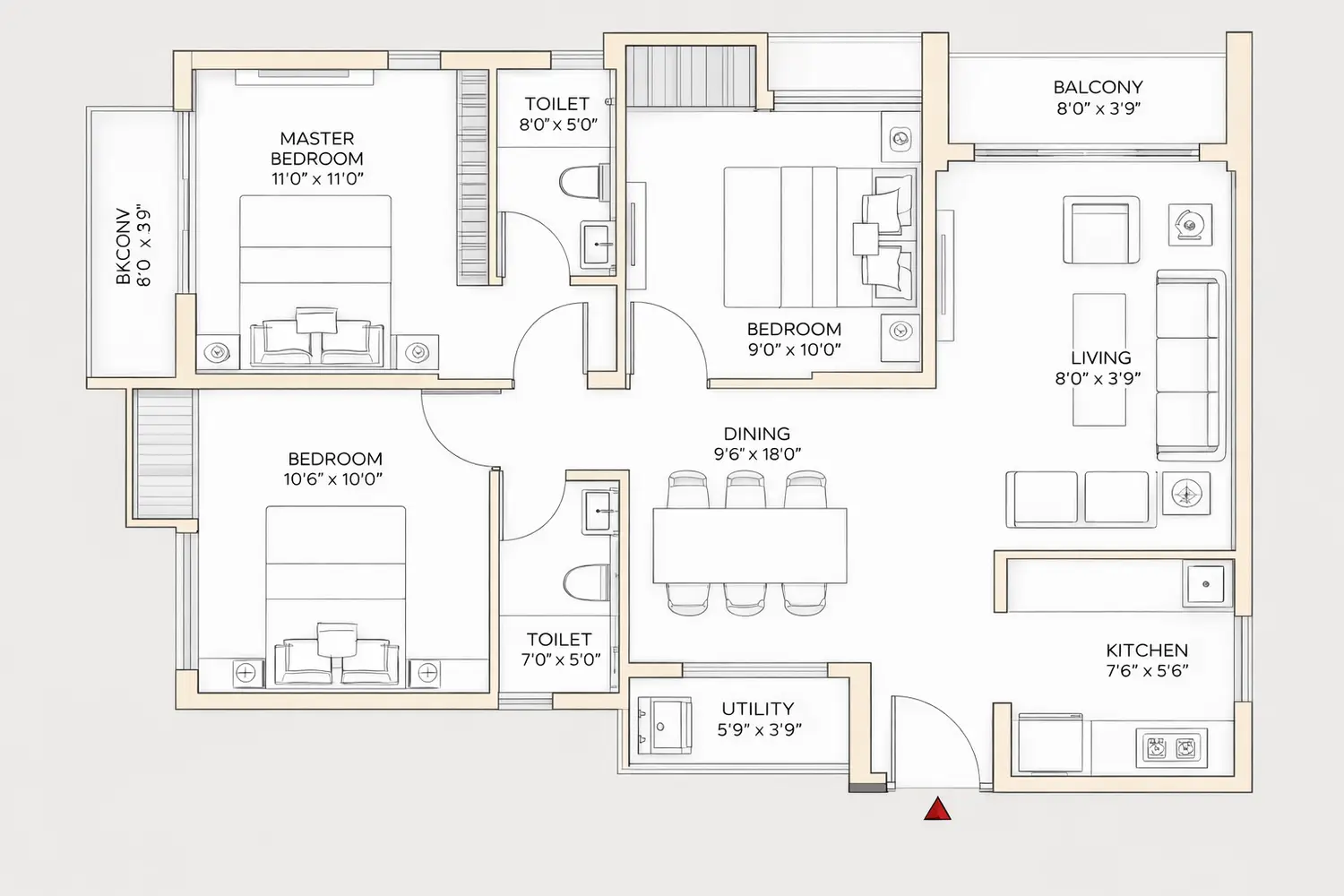 3D floor plan of a 3 BHK + 2T apartment at DTC Still Waters, New Town, Kolkata, showing two bedrooms, living and dining area, kitchen, bathrooms, and balcony with modern layout.
