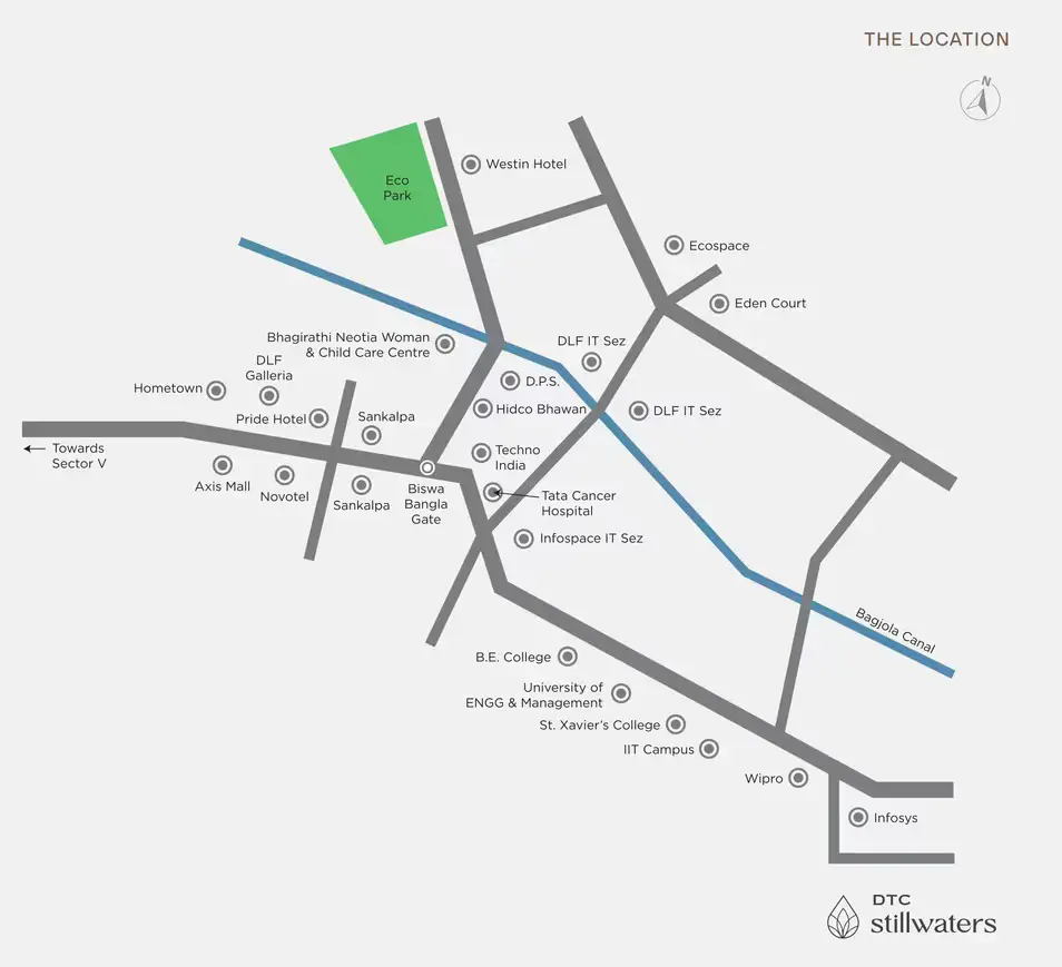 Location map of DTC Still Waters showing connectivity to Eco Park, Biswa Bangla Gate, HIDCO Bhawan, DLF IT SEZ, Technopolis, Infospace IT SEZ, major hotels, schools, hospitals, and surrounding road networks in New Town.