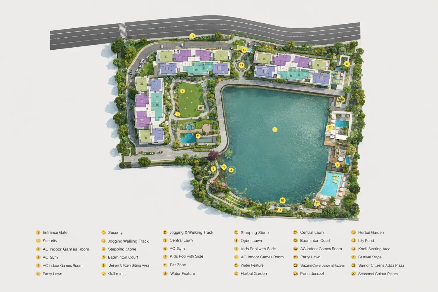 Master plan layout of DTC Still Waters, New Town, Kolkata, showing residential towers, internal roads, landscaped open spaces, entry and exit points, and designated future development areas.