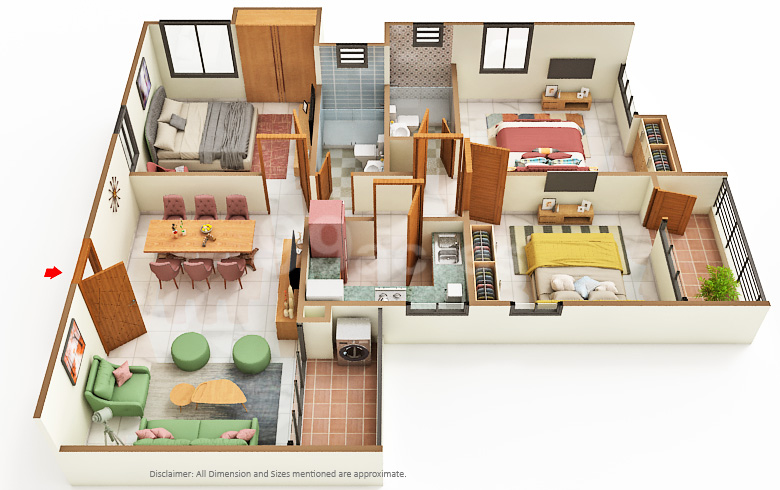 3BHK + 2T apartment layout of **Merlin F Residences**, featuring three bedrooms, two bathrooms, a spacious living and dining area, a modular kitchen with utility space, and well-planned interiors designed for comfortable modern living.