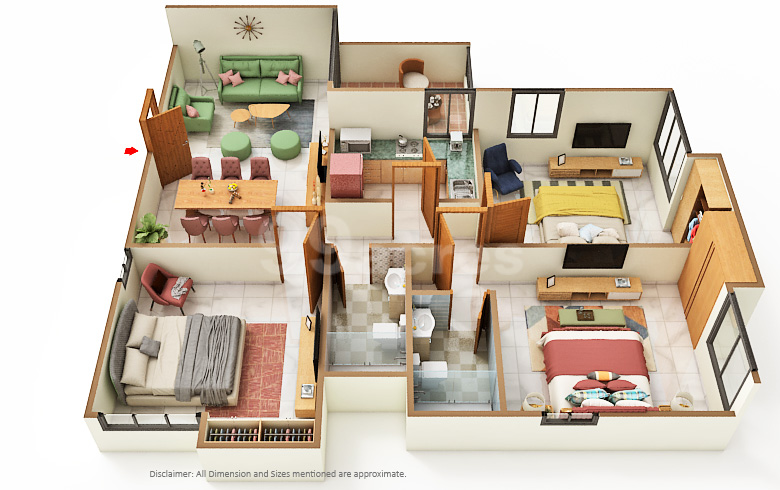 3BHK + 3T apartment layout of **Merlin F Residences**, showcasing three bedrooms each with attached or nearby bathrooms, a spacious living and dining area, a modern kitchen with utility space, and a well-organized floor plan designed for enhanced comfort and privacy.