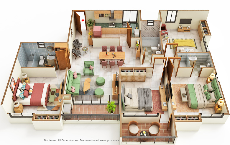 4BHK + 3T apartment layout of **Merlin F Residences**, featuring four spacious bedrooms, three bathrooms, a large living and dining area, a modern kitchen with utility space, and balconies, designed to offer expansive, comfortable, and well-planned family living.