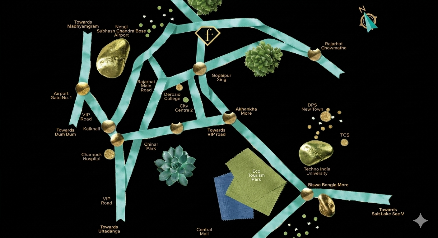 Illustrated location map of **Merlin F Residences** in New Town, Kolkata, highlighting key routes and nearby landmarks such as VIP Road, Rajarhat Main Road, Netaji Subhash Chandra Bose Airport, City Centre 2, DPS New Town, Techno India University, Eco Tourism Park, and Biswa Bangla More, with directional markers connecting major access points.