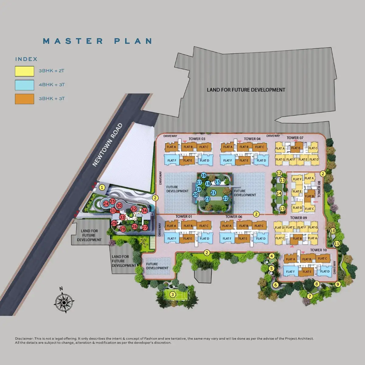 Master plan layout of **Merlin F Residences** showing the overall site design with multiple residential towers, internal driveways, landscaped gardens, amenity zones, and designated areas for future development, located along New Town Road with unit configurations marked by color codes.