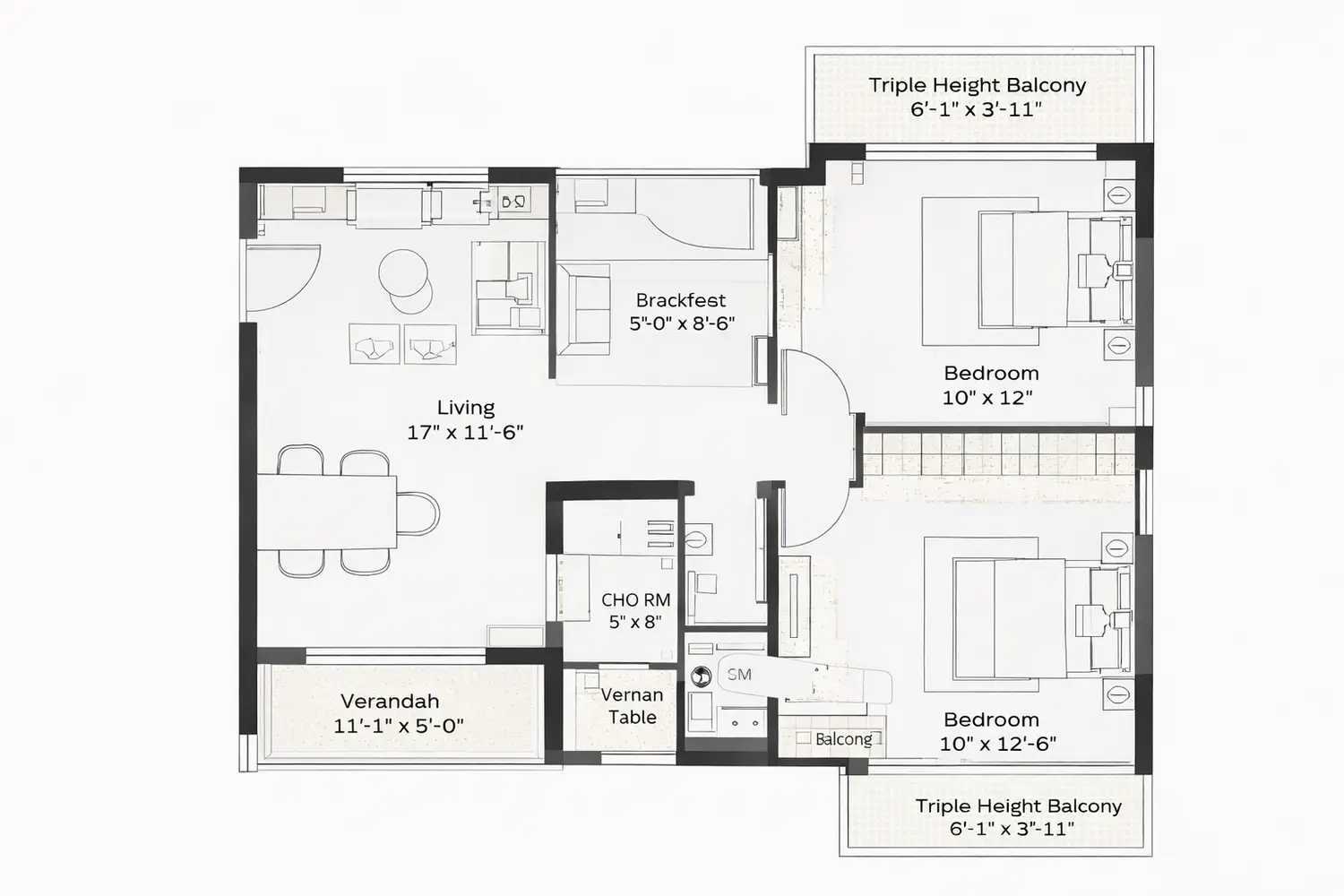 3 and 4 BHK apartment layout of Udyatt project featuring a spacious living and dining area, modular kitchen, bedrooms, multiple bathrooms, and a balcony, designed with modern interiors and functional space planning.