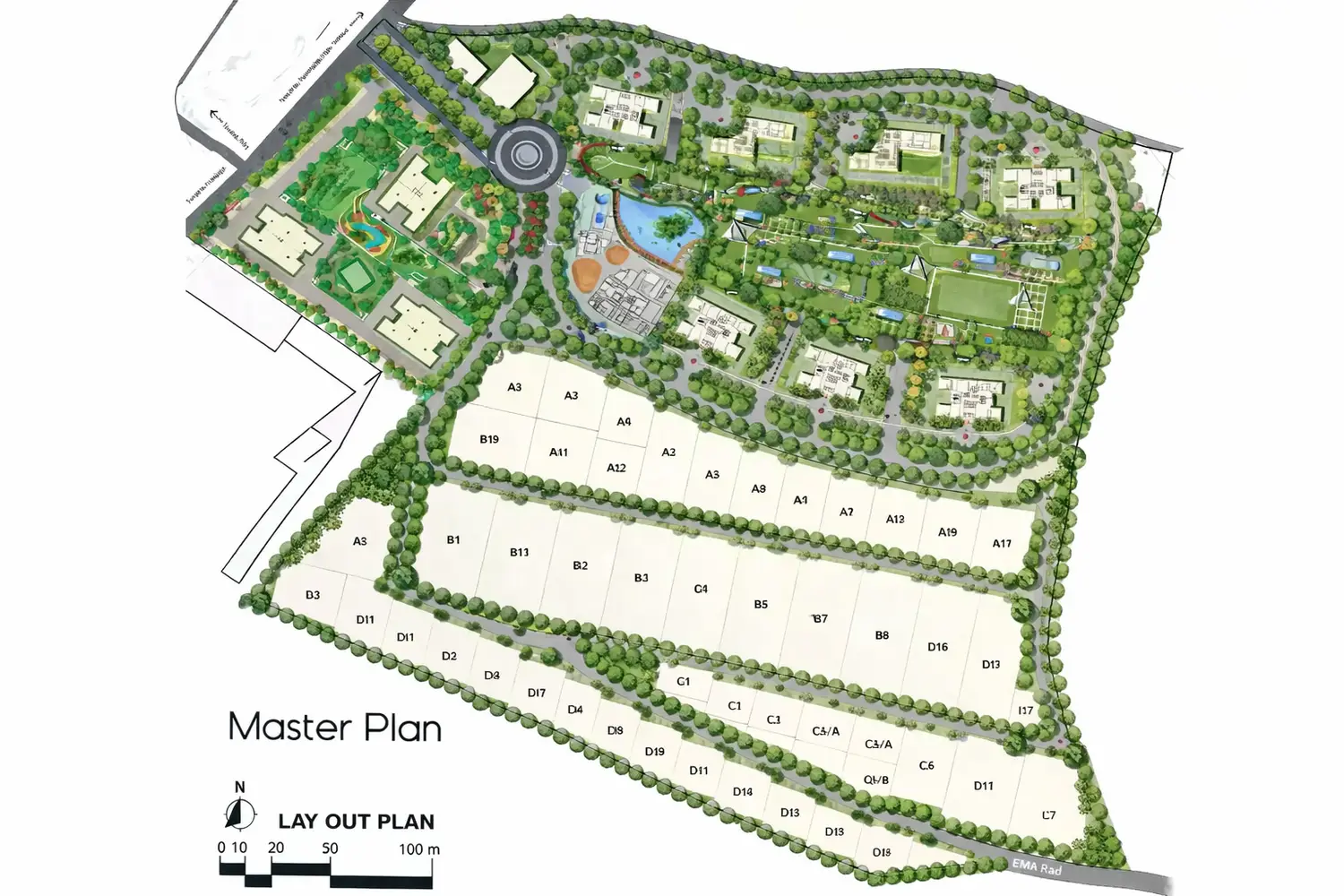 Master plan layout of Urbana, a premium residential township in Kolkata, showcasing landscaped gardens, residential towers, internal roads, water features, sports zones, open green spaces, and plotted sections with a nature-inspired urban design.