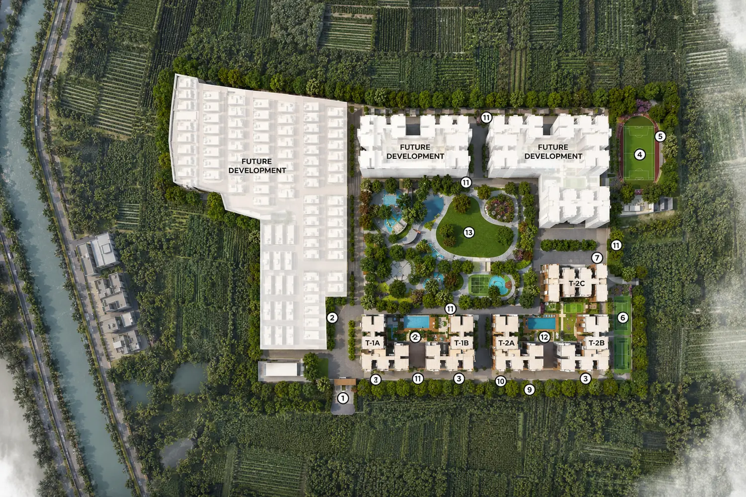 Master plan layout of Vinayak 21 Acres in New Town, Kolkata, featuring thoughtfully positioned residential towers, expansive landscaped central greens, swimming pools, sports courts, walking pathways, premium clubhouse amenities, and future development zones set amidst lush natural surroundings.