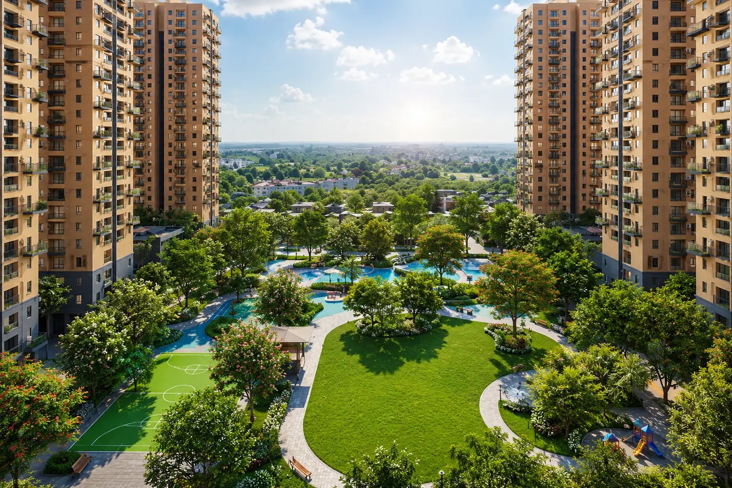 A scenic landscape view of Vinayak 21 Acres in New Town, Kolkata, showcasing premium residential towers set amidst expansive green open spaces, beautifully landscaped gardens, walking trails, recreational courts, and thoughtfully designed modern community amenities in a tranquil urban setting.