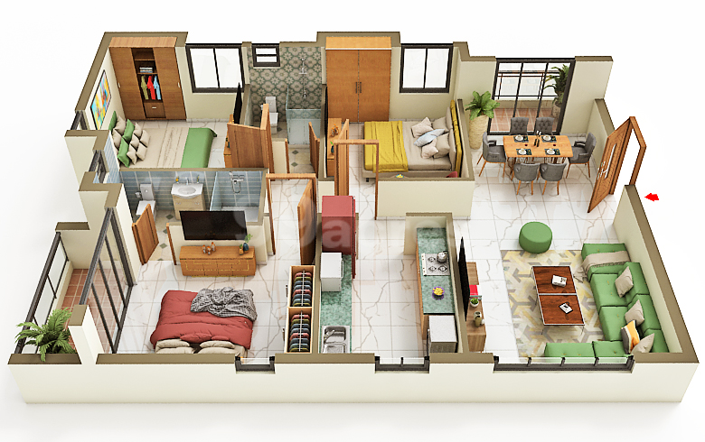The Pravya 3 BHK apartment floor plan with three bedrooms, living room, kitchen, dining area, bathrooms, and balconies.