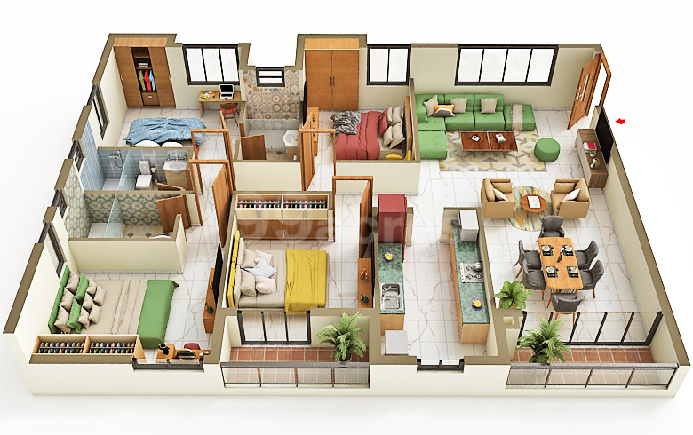 The Pravya 4 BHK apartment floor plan with four bedrooms, living room, kitchen, dining area, bathrooms, and balconies.
