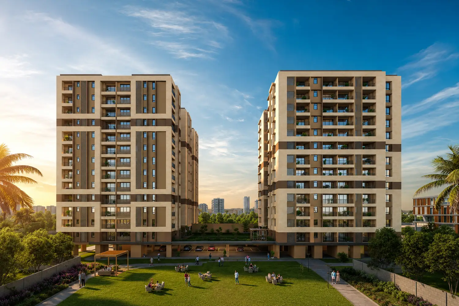 Front view of The Pravya residential towers overlooking landscaped gardens and open green spaces.