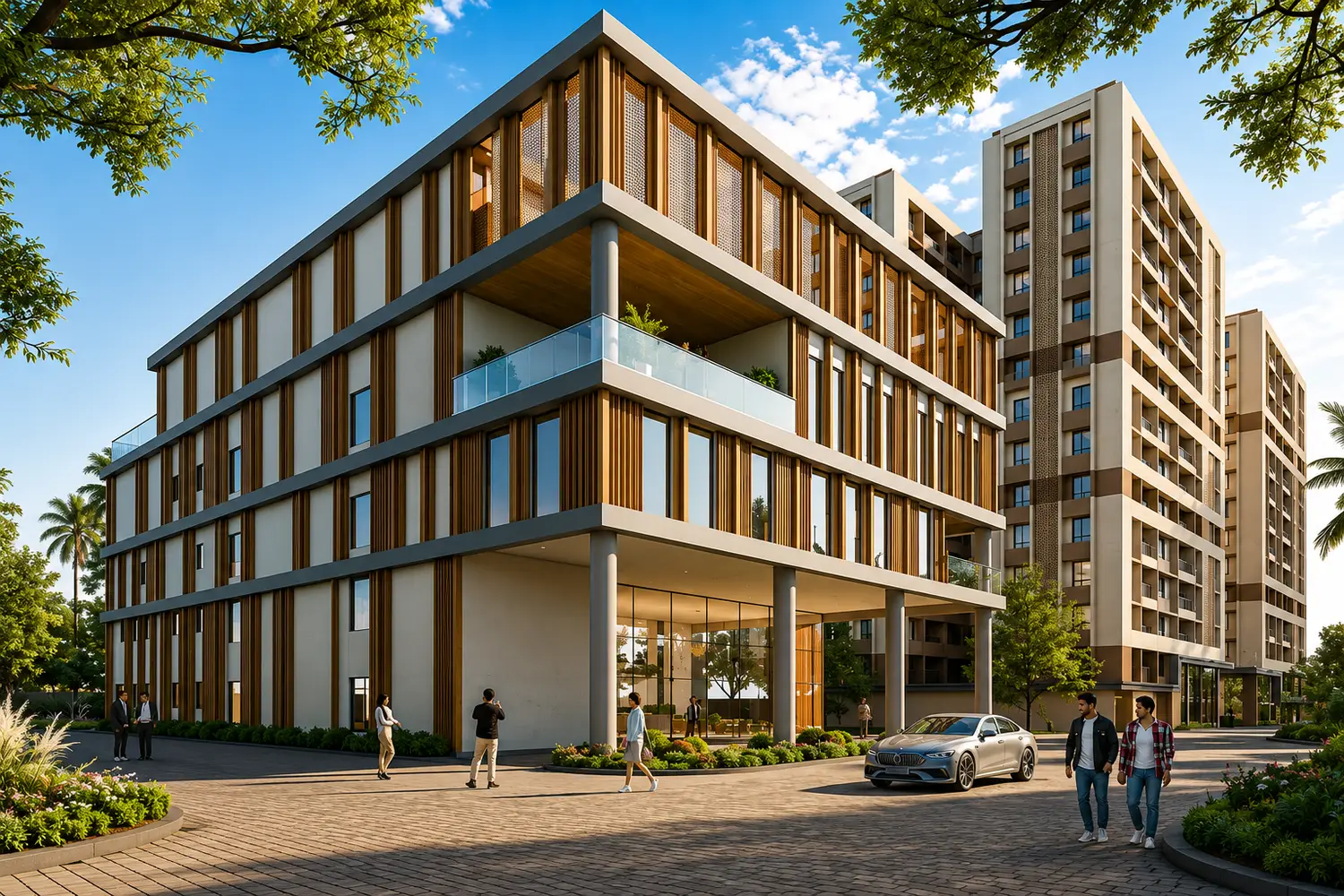 Front view of The Pravya with a modern clubhouse, residential towers, and landscaped entrance.