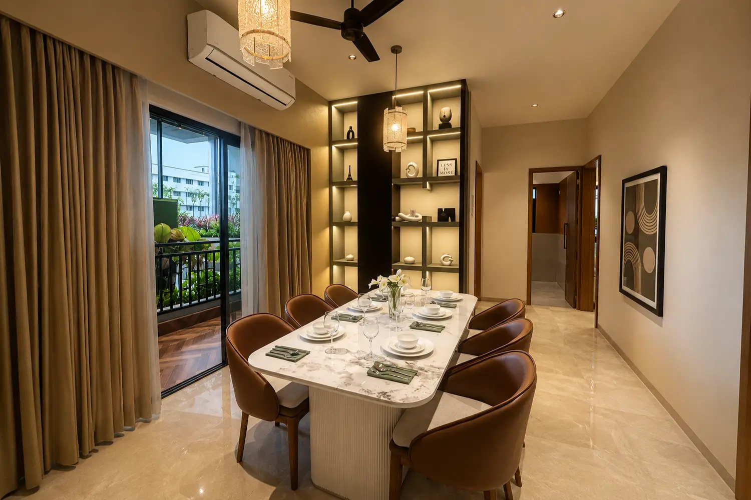 The Pravya modern dining room with marble table, designer lighting, and balcony.