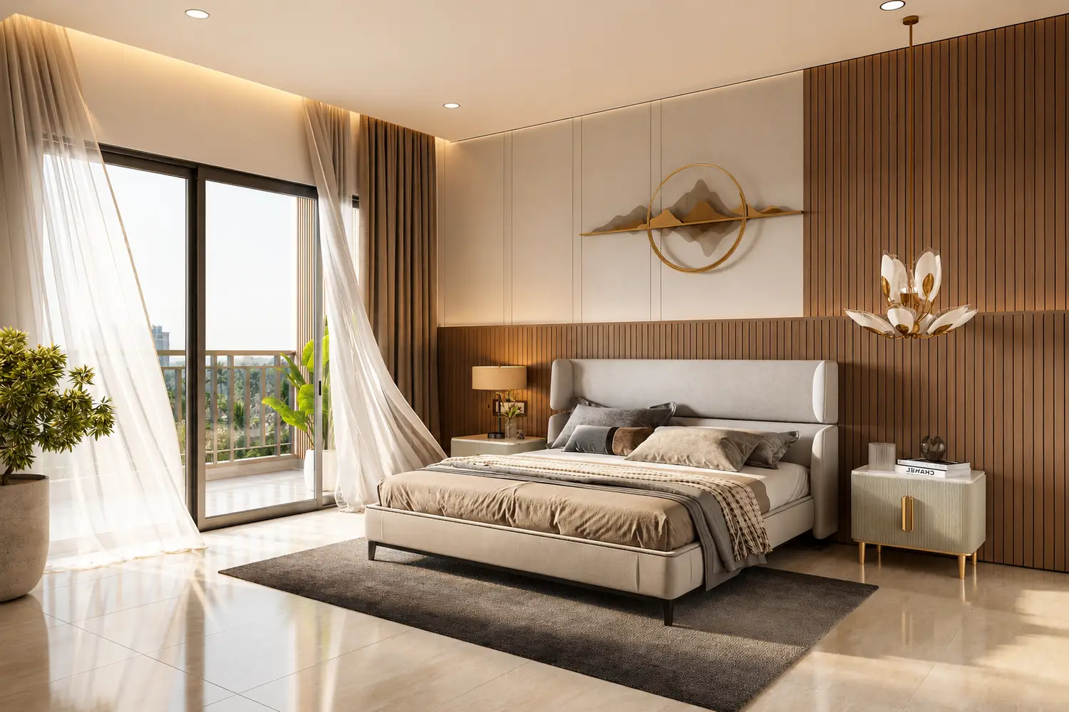 The Pravya luxury bedroom with modern interiors, balcony, and premium furnishings.
