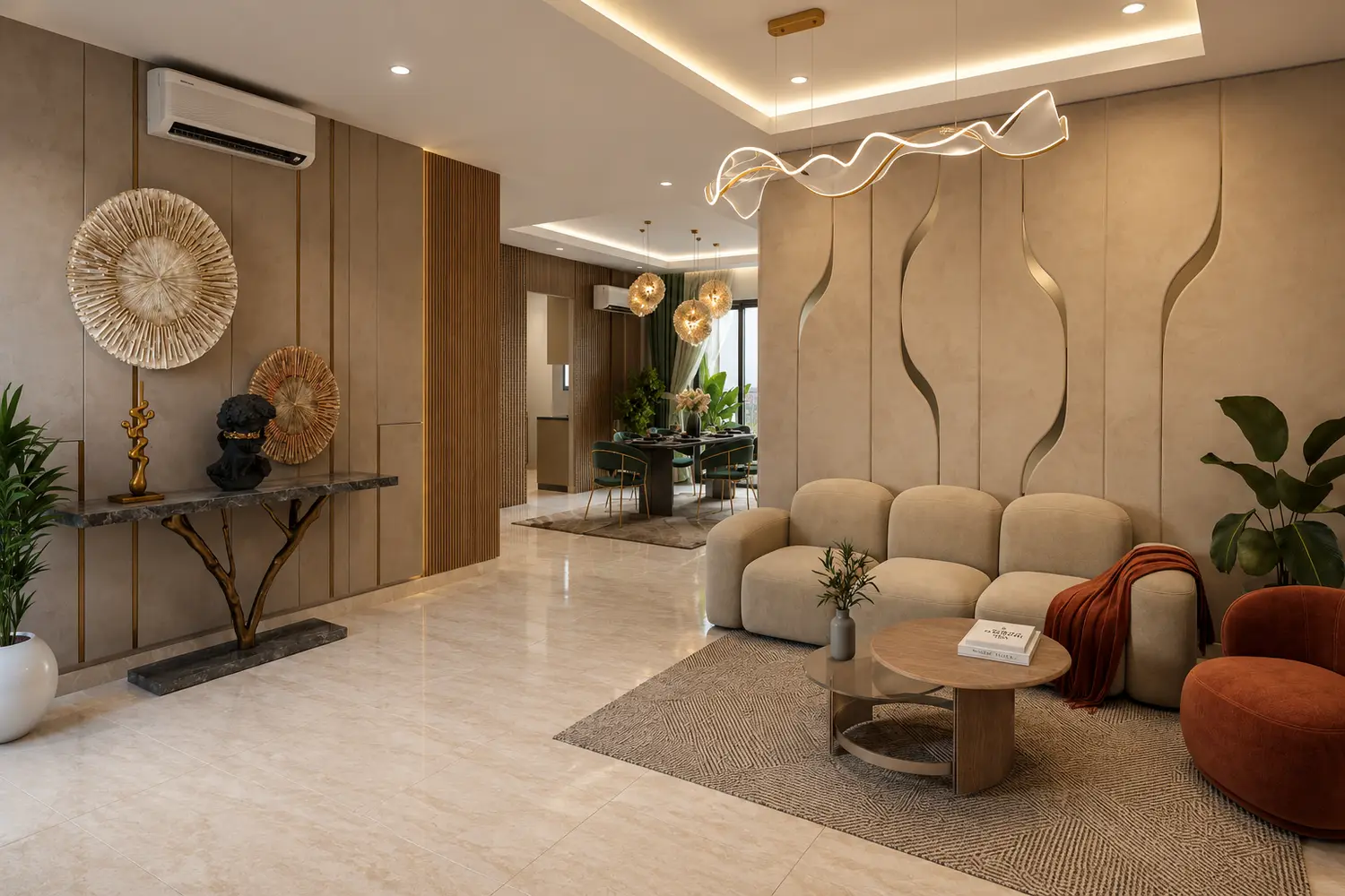Modern luxury living room and dining area at The Pravya with premium interiors and designer décor.